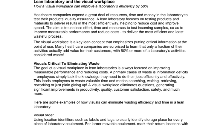 Lean Laboratory And The Visual Workplace - How a visual workplace can improve a laboratory’s efficiency by 50%