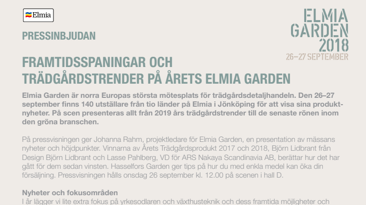 Pressinbjudan: Framtidsspaningar och trädgårdstrender på årets Elmia Garden
