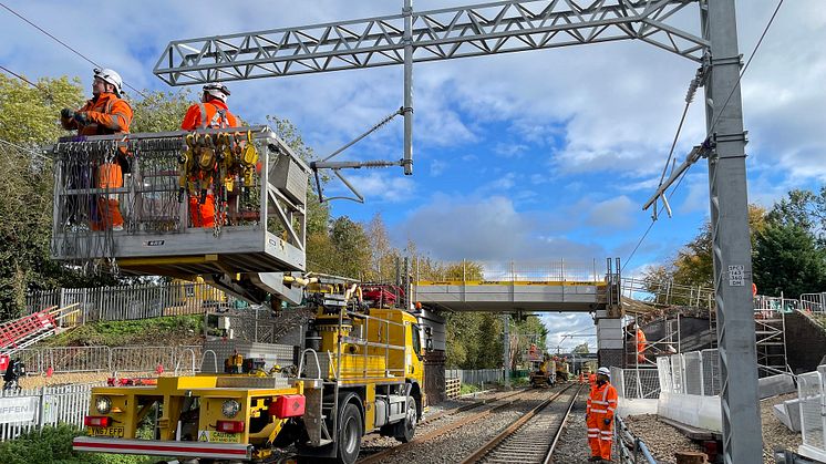 Network Rail engineers carry out wiring work on the Midland Main Line