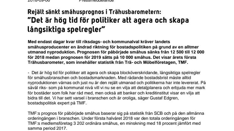 Rejält sänkt småhusprognos i Trähusbarometern: ”Det är hög tid för politiker att agera och skapa långsiktiga spelregler”