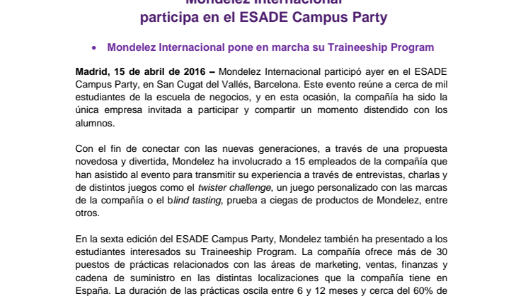 Mondelez Internacional  participa en el ESADE Campus Party