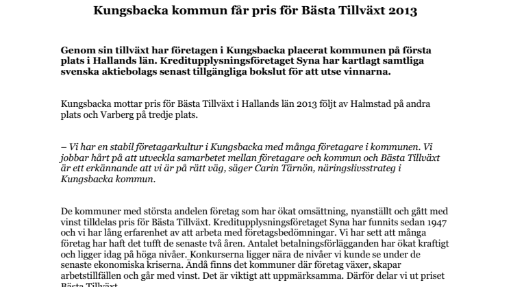 Kungsbacka kommun får pris för Bästa Tillväxt 2013