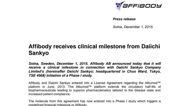 Affibody receives clinical milestone from Daiichi Sankyo