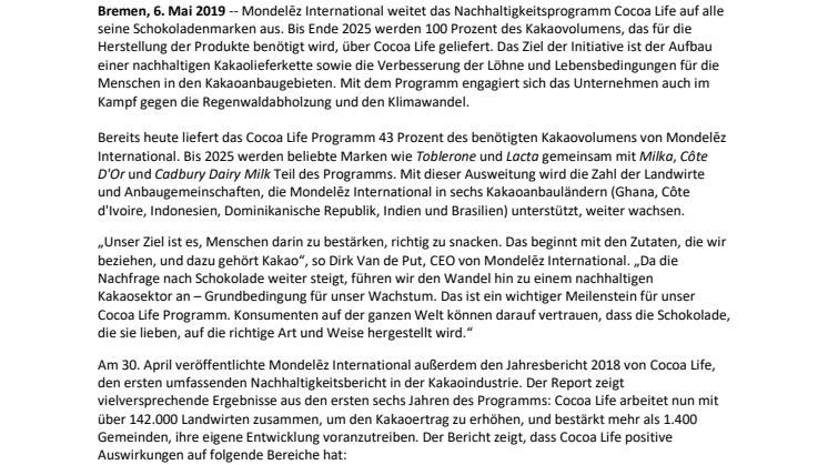 100 Prozent Cocoa Life: Alle Schokoladenmarken von Mondelēz International werden bis 2025 Teil des Nachhaltigkeitsprogramms 