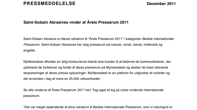 Saint-Gobain Abrasives vinder af Årets Presserum 2011