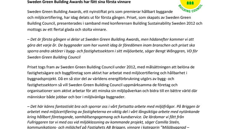 Sweden Green Building Awards har fått sina första vinnare  