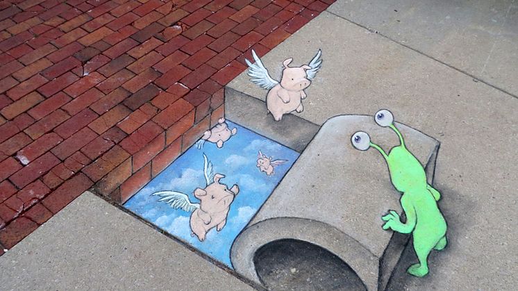 Green chalk monsters and flying pigs – David Zinn, first artist out for No Limit Street Art Borås 2015