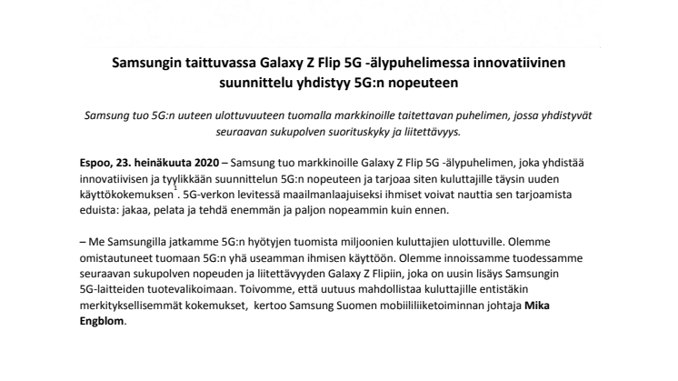 Samsungin taittuvassa Galaxy Z Flip 5G -älypuhelimessa innovatiivinen suunnittelu yhdistyy 5G:n nopeuteen