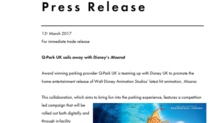 Q-Park UK sails away with Disney’s Moana!