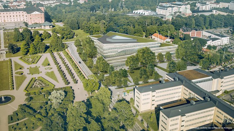 Översikt ny administrationsbyggnad, Uppsala universitet (flygbild/montage)