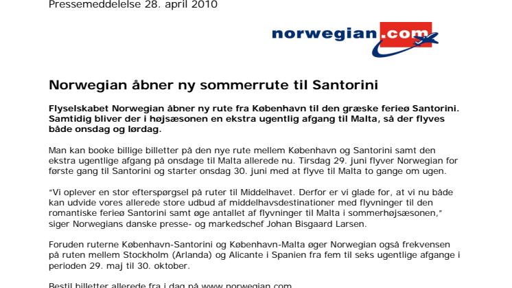 Norwegian åbner ny sommerrute til Santorini