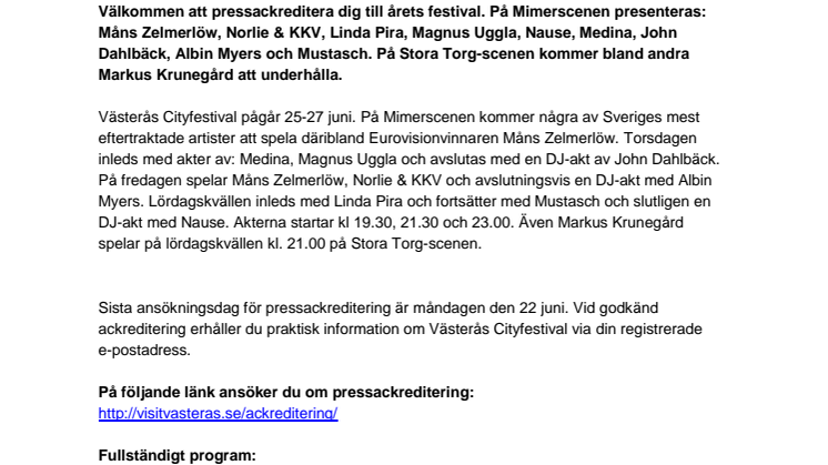 Pressackreditering till Västerås Cityfestival 2015