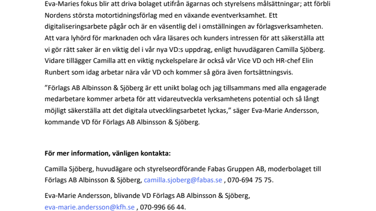 Förlags AB Albinsson & Sjöberg utser ny VD