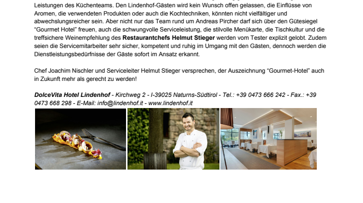 ​Gütesiegel “Gourmet Hotel” für das DolceVita Hotel Lindenhof in Naturns