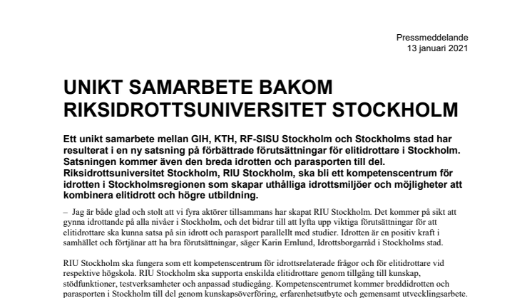 Unikt samarbete bakom  Riksidrottsuniversitet Stockholm
