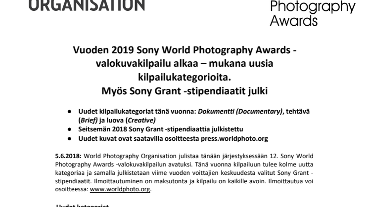 Vuoden 2019 Sony World Photography Awards -valokuvakilpailu alkaa – mukana uusia kilpailukategorioita. Myös Sony Grant -stipendiaatit julki 