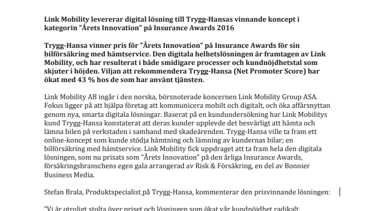 Link Mobility levererar digital lösning till Trygg-Hansas vinnande koncept i kategorin ”Årets Innovation” på Insurance Awards 2016 