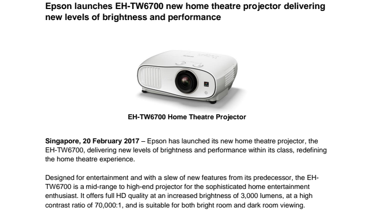 Epson launches EH-TW6700 new home theatre projector delivering new levels of brightness and performance