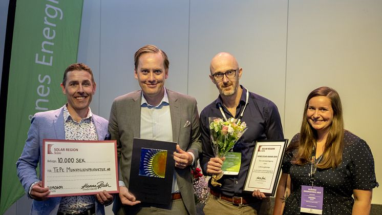 Staffan Fredlund, ordförande Solar Region Skåne, Joel Eklund, Tepe Munhygiensprodukter  Jon Persson, E.ON Energilösningar, Hanna Bach, Energikontoret Skåne 