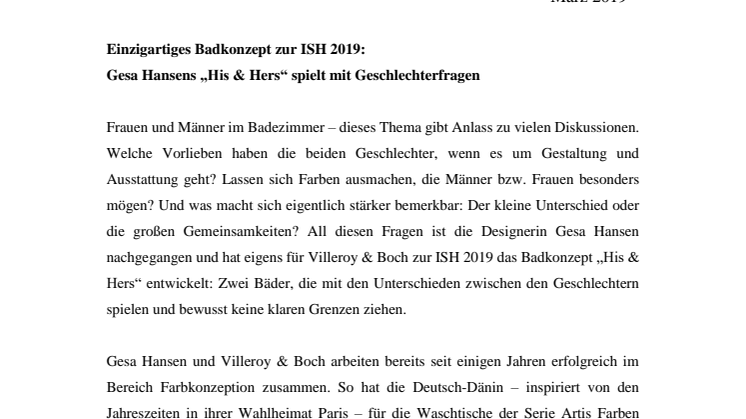 Einzigartiges Badkonzept zur ISH 2019: Gesa Hansens „His & Hers“ spielt mit Geschlechterfragen 