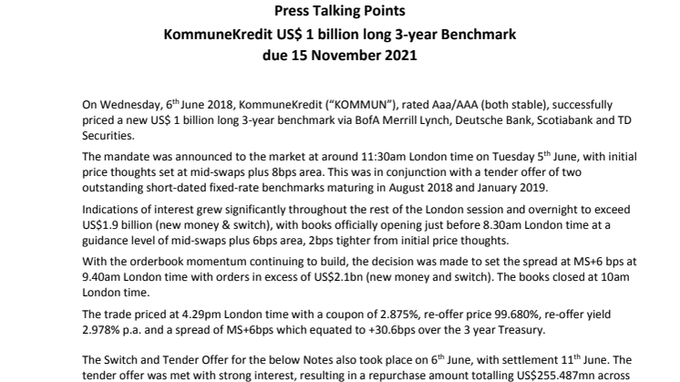 KommuneKredit issues 3-year benchmark with buyback option