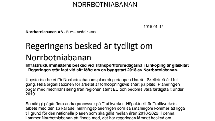 Regeringens besked om Norrbotniabanan är tydligt 