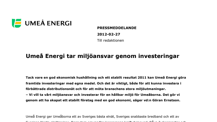 Umeå Energi tar miljöansvar genom investeringar 