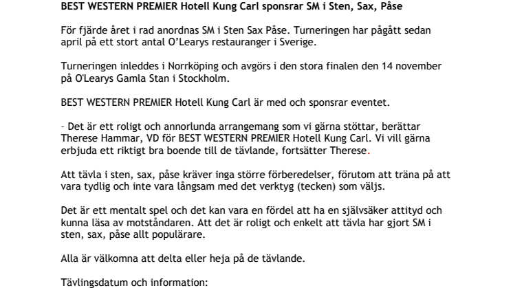BEST WESTERN PREMIER Hotell Kung Carl sponsrar SM i sten, sax, påse!