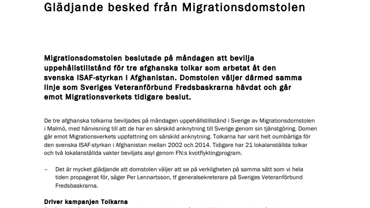 Glädjande besked från Migrationsdomstolen