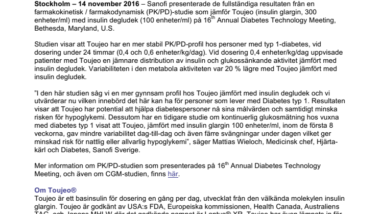 Toujeo® uppvisar mer stabilitet och lägre variabilitet i en farmakologisk studie jämfört med insulin degludek hos personer med typ 1-diabetes