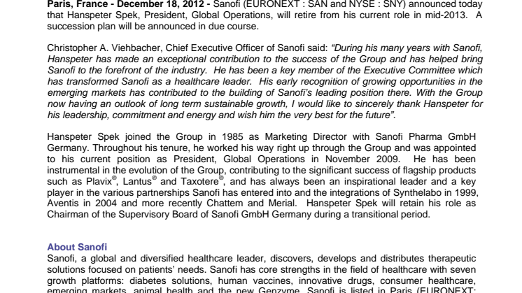 Sanofi President, Global Operations, to retire
