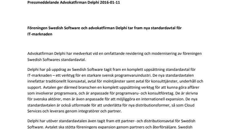 Föreningen Swedish Software och advokatfirman Delphi tar fram nya standardavtal för  IT-marknaden 
