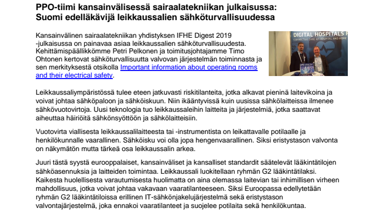 PPO-tiimi kansainvälisessä sairaalatekniikan julkaisussa: Suomi pioneeri leikkaussalien sähköturvallisuudessa