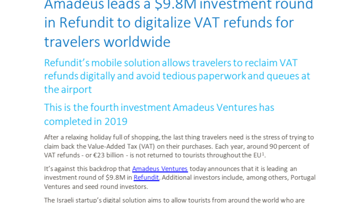 Amadeus investerar i Refundit för enklare återbetalning av resenärers moms 