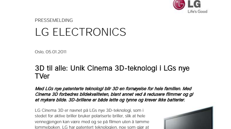 3D til alle: Unik Cinema 3D-teknologi i LGs nye TVer