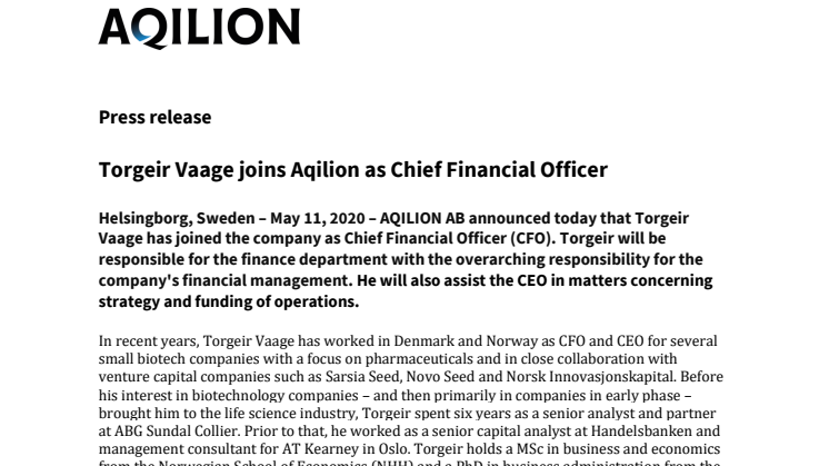 Torgeir Vaage joins Aqilion as Chief Financial Officer