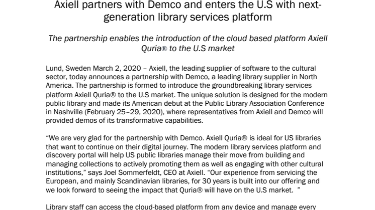 Axiell partners with Demco and enters the U.S with next-generation library services platform 