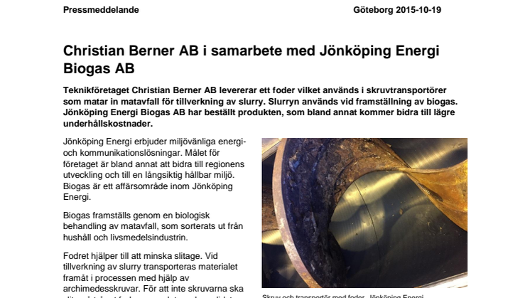 Christian Berner AB i samarbete med Jönköping Energi Biogas AB