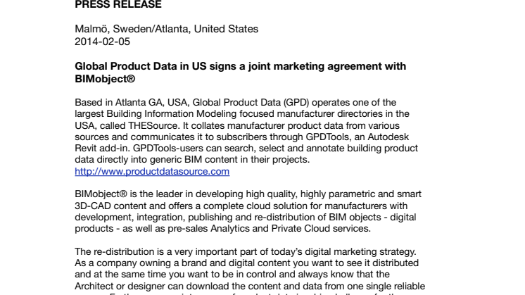 Global Product Data in US signs a joint marketing agreement with BIMobject®