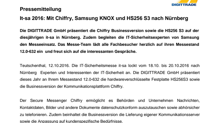 It-sa 2016: Mit Chiffry, Samsung KNOX und HS256 S3 nach Nürnberg