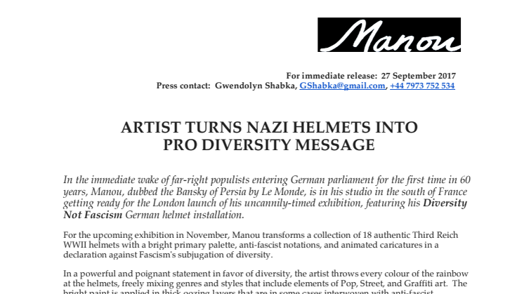 In the Wake of AfD entering German Parliament, Artist Manou Marzban's new collection of WWII German helmets
