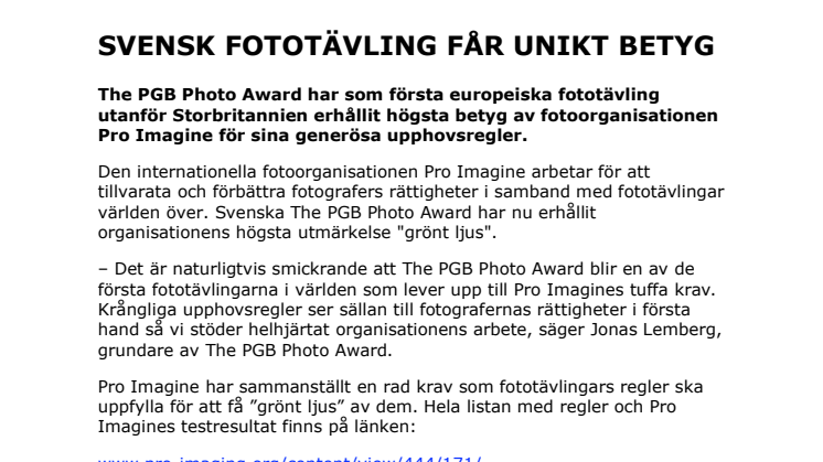 SVENSK FOTOTÄVLING FÅR UNIKT BETYG