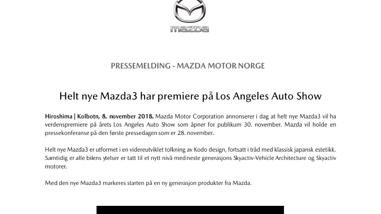 Helt nye Mazda3 har premiere på Los Angeles Auto Show