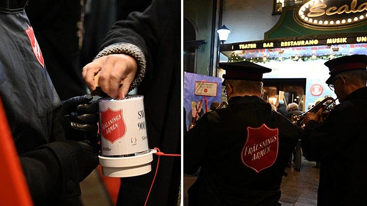 Många av teaterbesökarna gör som Karl-Bertil Jonsson och skänker till en fattig. Frälsningsarnéns bössor skramlar utanför Scalateatern.