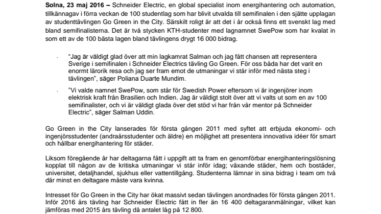 Svenskt lag bland de 100 bästa i världen i Schneider Electrics studenttävling Go Green in the City