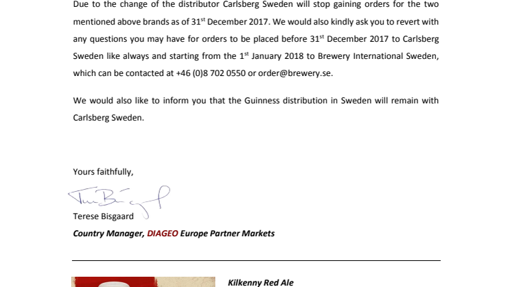 Kilkenny Irish Red Ale changes distributor in Sweden to Brewery International