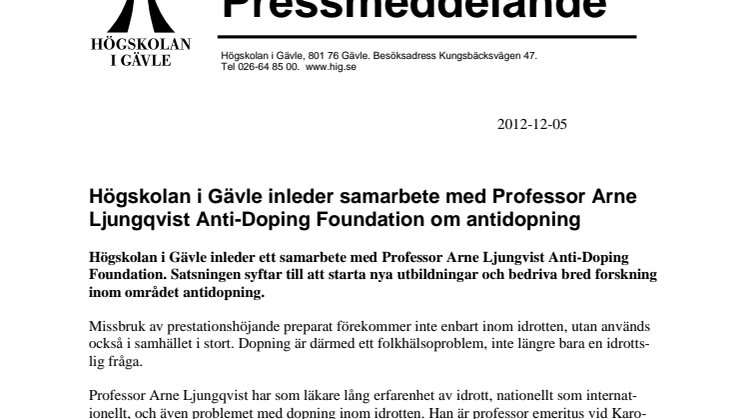 Högskolan i Gävle inleder samarbete med Professor Arne Ljungqvist Anti-Doping Foundation om antidopning