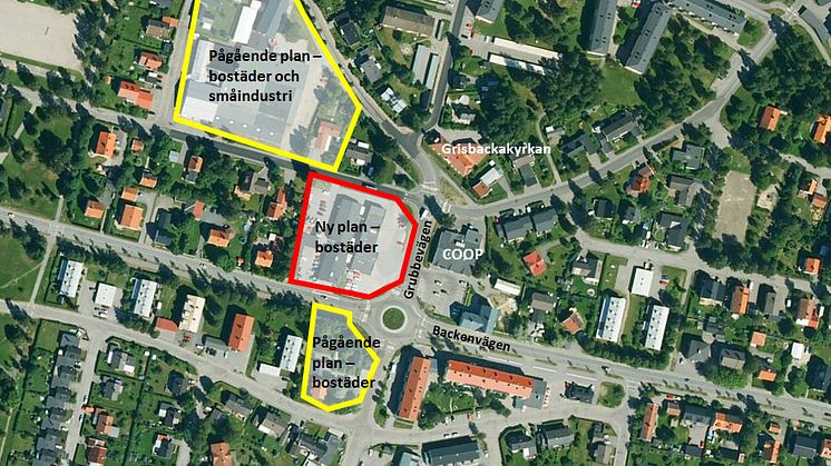 Ungefärligt planområde. Här låg tidigare bensinstation, bilbutik och just nu Mekonomen. Norr om planområdet pågår en annan detaljplan (Almen 2 mfl) och på andra sidan Backenvägen pågår detaljplanen Kattfoten 6.