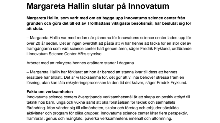 Margareta Hallin slutar på Innovatum