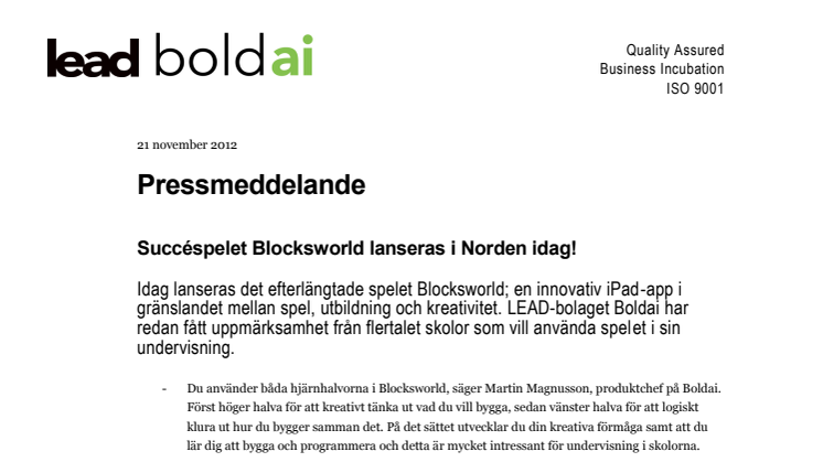 Succéspelet Blocksworld lanseras i Norden idag!